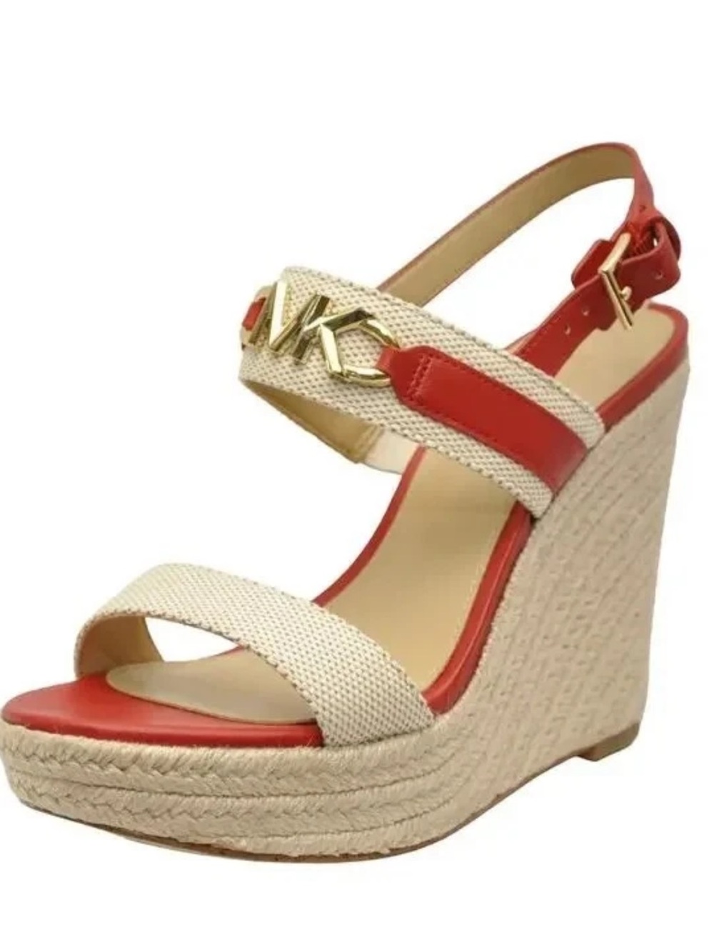 NIB SZ 10Michael Kors Reed Canvas Wedge MK Logo Two Tone Sandals MSRP: $175.00